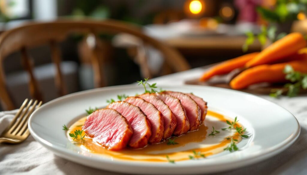 découvrez une recette raffinée d’aiguillettes de canard accompagnées d’une délicieuse sauce au foie gras pour éblouir votre famille lors de vos repas.