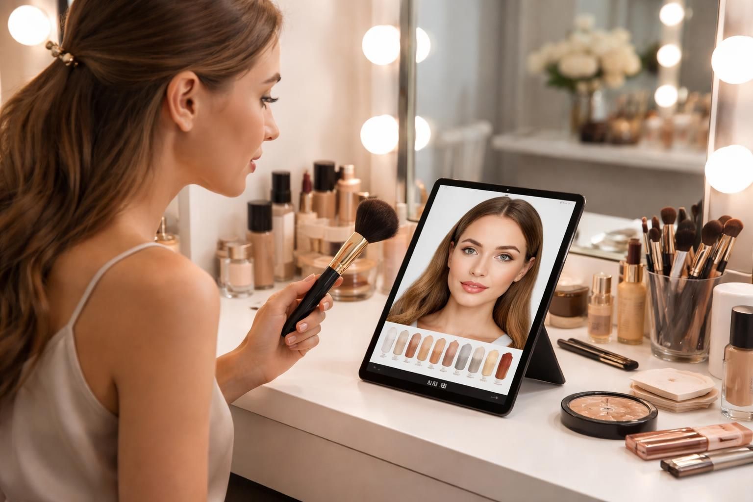 découvrez comment la tablette samsung, utilisée en corner maquillage, facilite le choix du fond de teint et de la teinte parfaite pour un maquillage sur mesure.