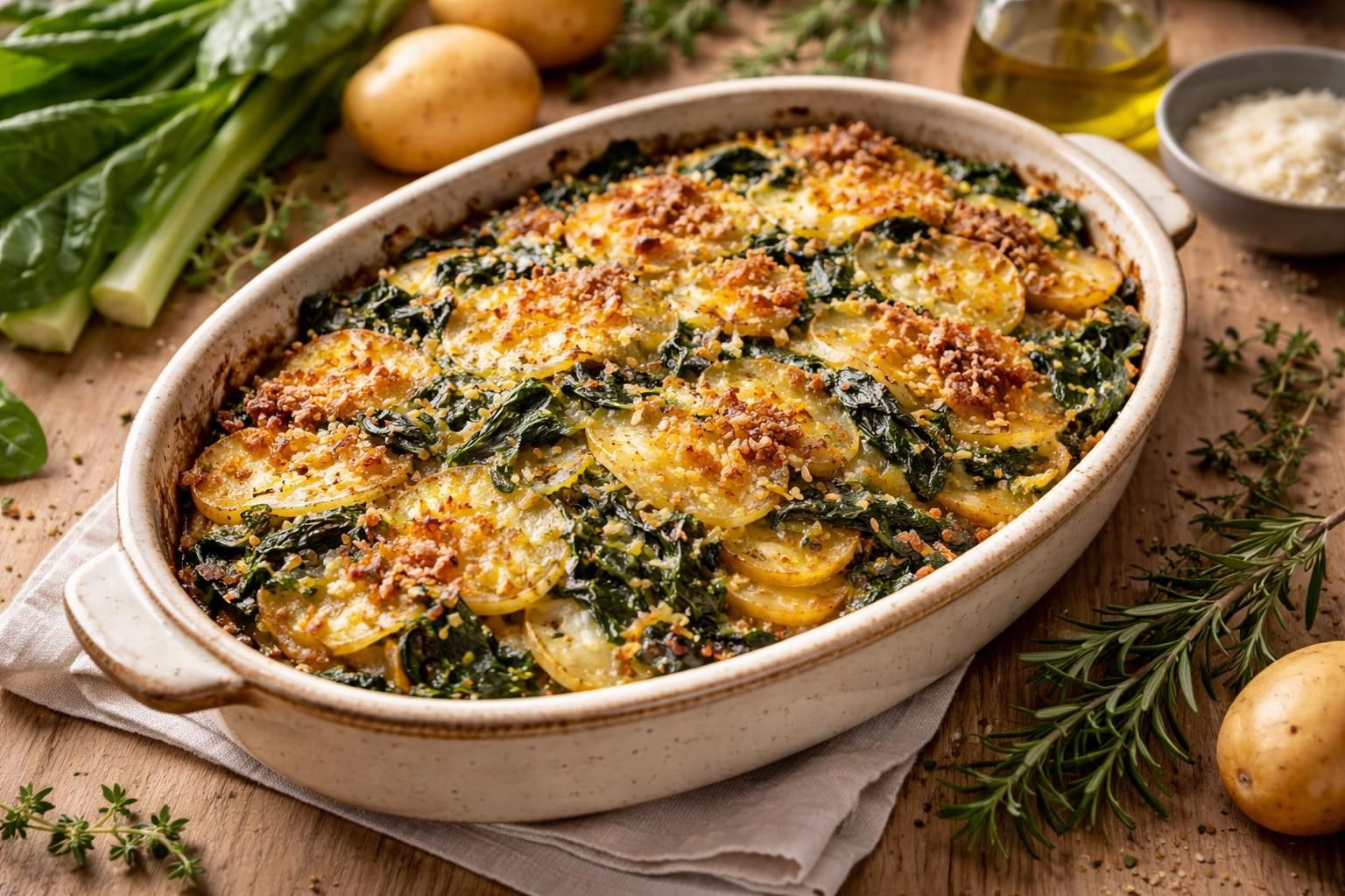 découvrez une recette savoureuse de gratin de blettes aux pommes de terre, sans béchamel, pour épater vos convives avec un plat léger et gourmand.