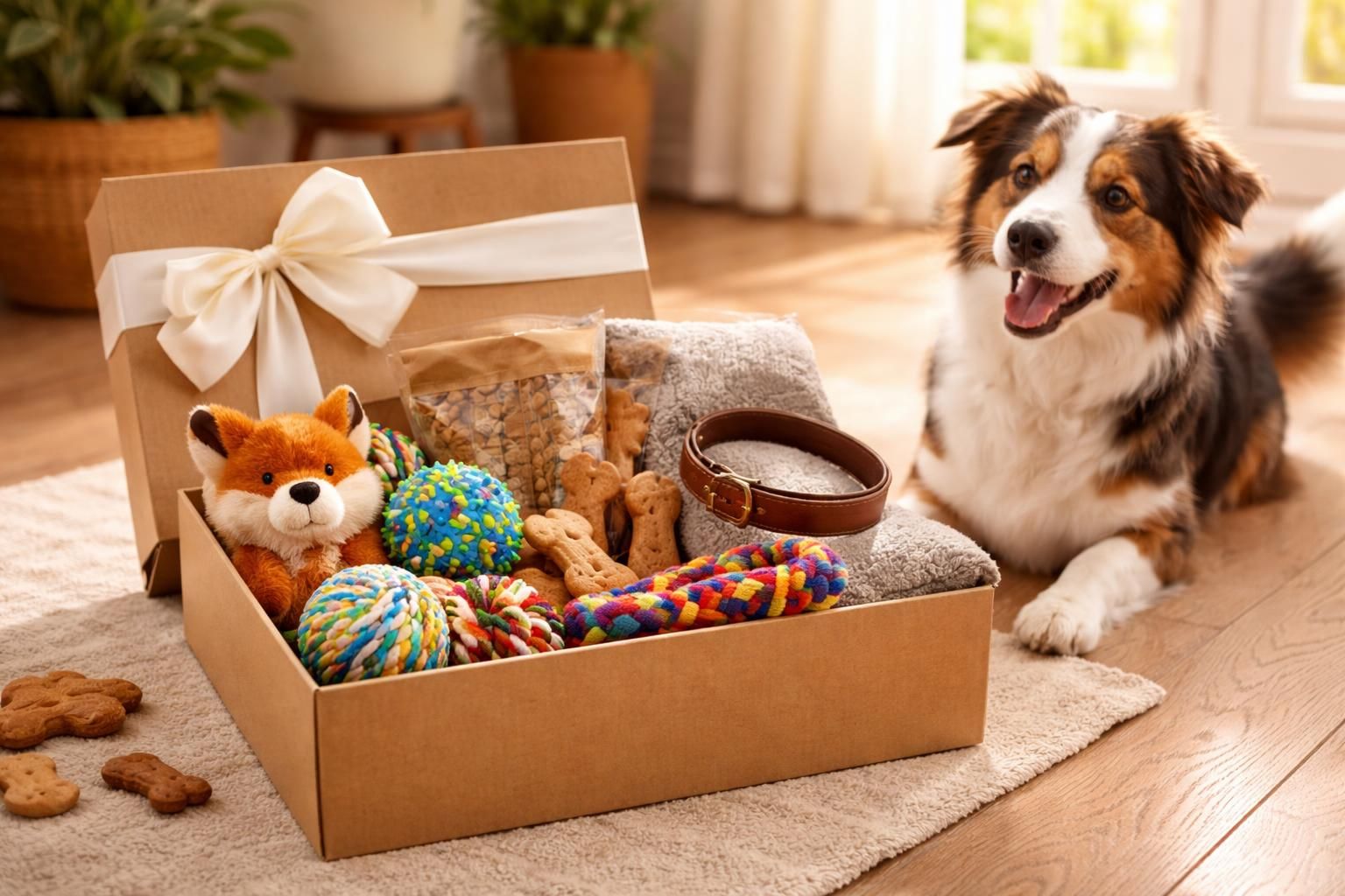 découvrez notre box cadeau pour chien, remplie de surprises qui raviront votre compagnon à quatre pattes. offrez-lui un moment de joie et de plaisir garanti !