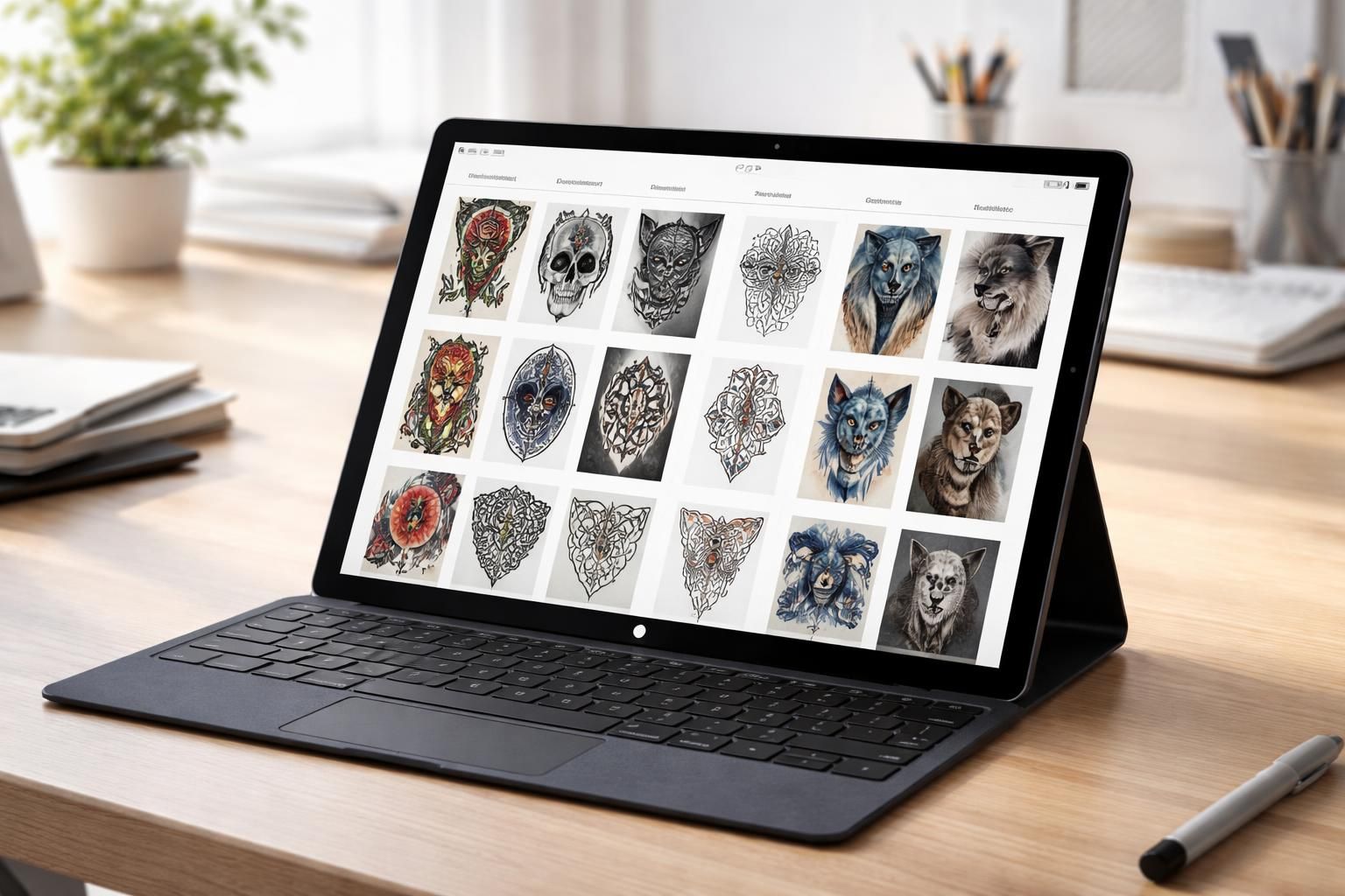 découvrez vos motifs de tatouage triés par styles directement sur votre tablette windows pour une organisation optimale et une consultation facile.