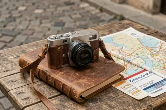 Appareil photo compact posé sur un carnet de voyage en cuir avec une carte et une carte d'embarquement, idéal pour le voyage
