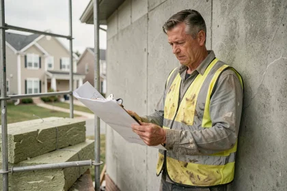 Artisan en gilet de sécurité examinant des plans de rénovation énergétique devant une façade isolée d'une maison individuelle