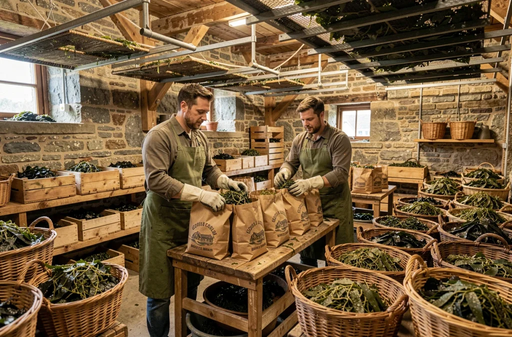 Atelier artisanal de transformation et conditionnement du goémon en Bretagne avec deux travailleurs