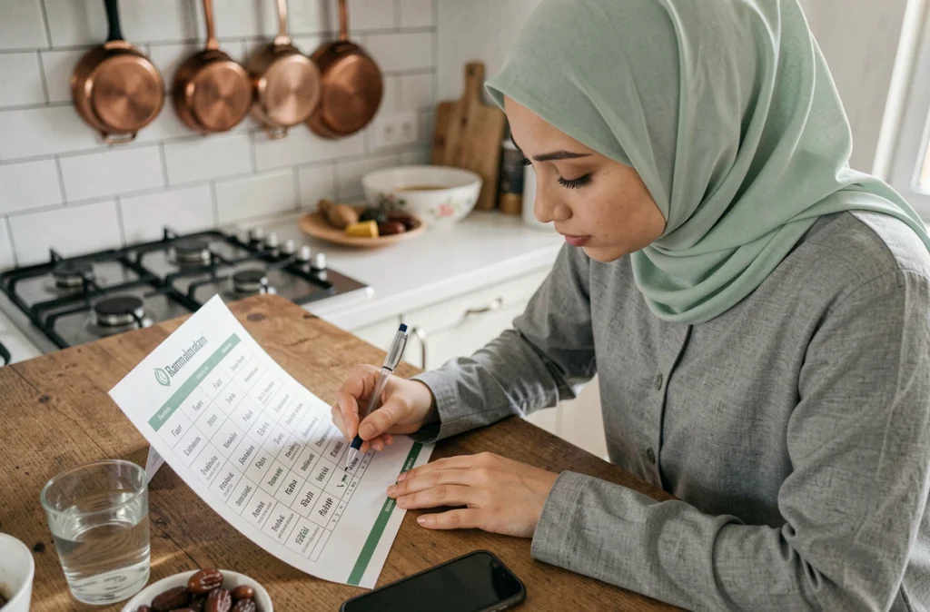 Jeune femme voilée consultant un calendrier des heures de prière du ramadan 2026 sur une table de cuisine à Marseille