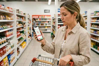 Femme utilisant une carte interactive Lidl sur smartphone dans un supermarché pour repérer les promotions