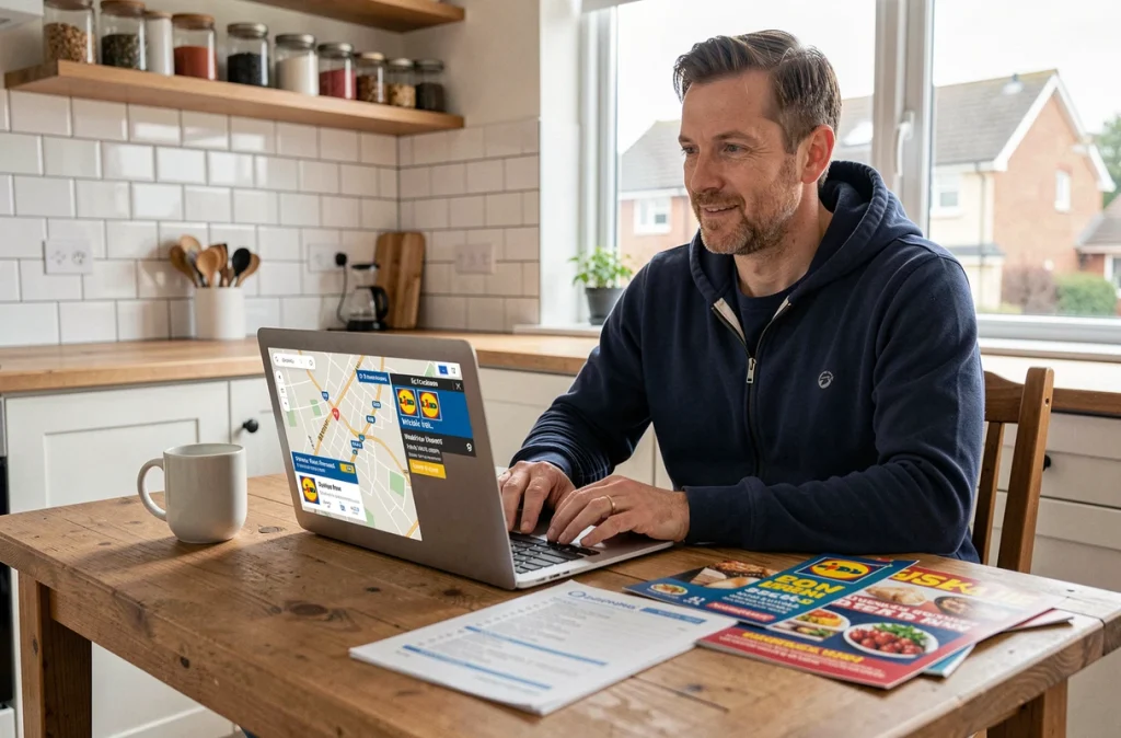 Homme consultant une carte interactive des promotions Lidl sur ordinateur portable dans une cuisine