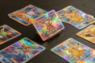 Cartes rares holographiques Pokémon Aventure Ensemble disposées en flat lay sur une surface en bois sombre, avec reflets foil arc-en-ciel visibles