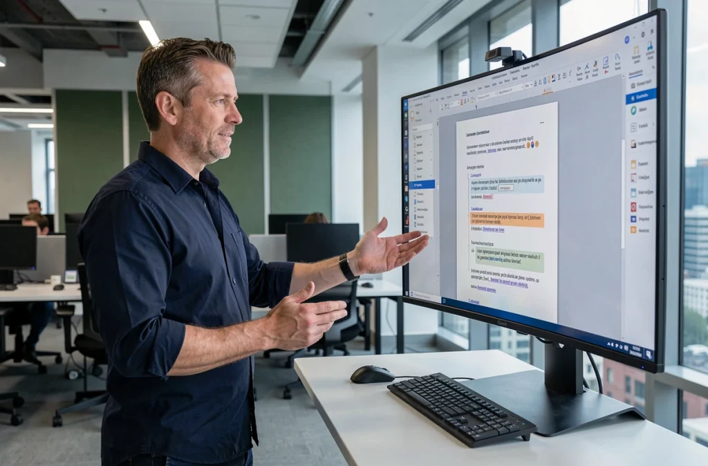 Professionnel comparant des outils de correction grammaticale sur un écran dans un bureau moderne