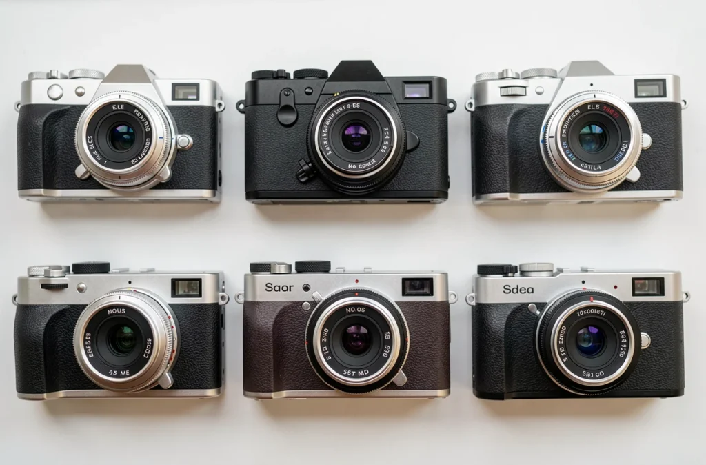 Comparatif de plusieurs appareils photo compacts disposés côte à côte pour évaluer leur taille et leurs caractéristiques