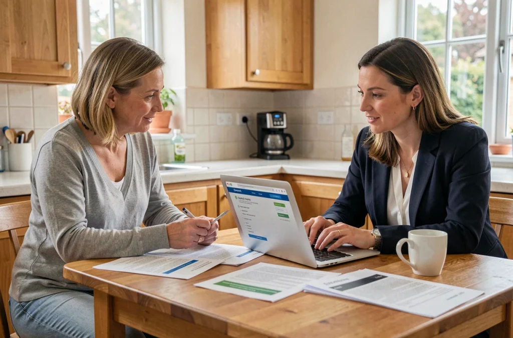 Propriétaire et conseillère en rénovation énergétique discutant des aides financières autour d'une table avec documents et ordinateur portable