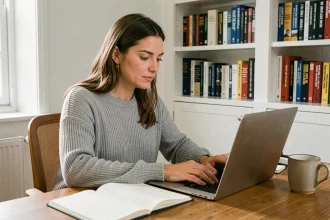 Femme utilisant un correcteur orthographique en ligne sur son ordinateur portable dans un bureau à domicile