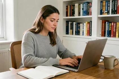 Femme utilisant un correcteur orthographique en ligne sur son ordinateur portable dans un bureau à domicile