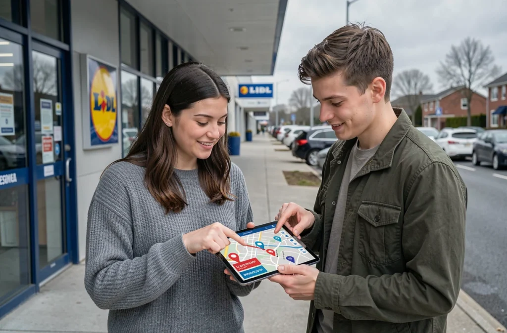 Couple devant un magasin Lidl consultant une carte interactive des promos sur tablette