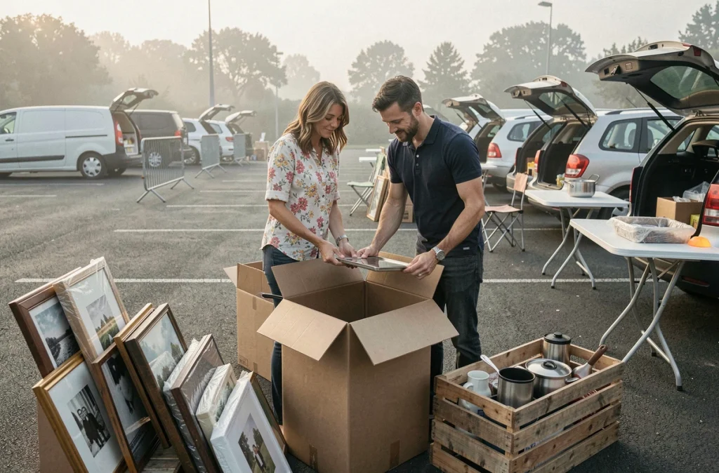 Couple d'exposants préparant leur stand au lever du jour lors d'un vide grenier organisé dans les Yvelines