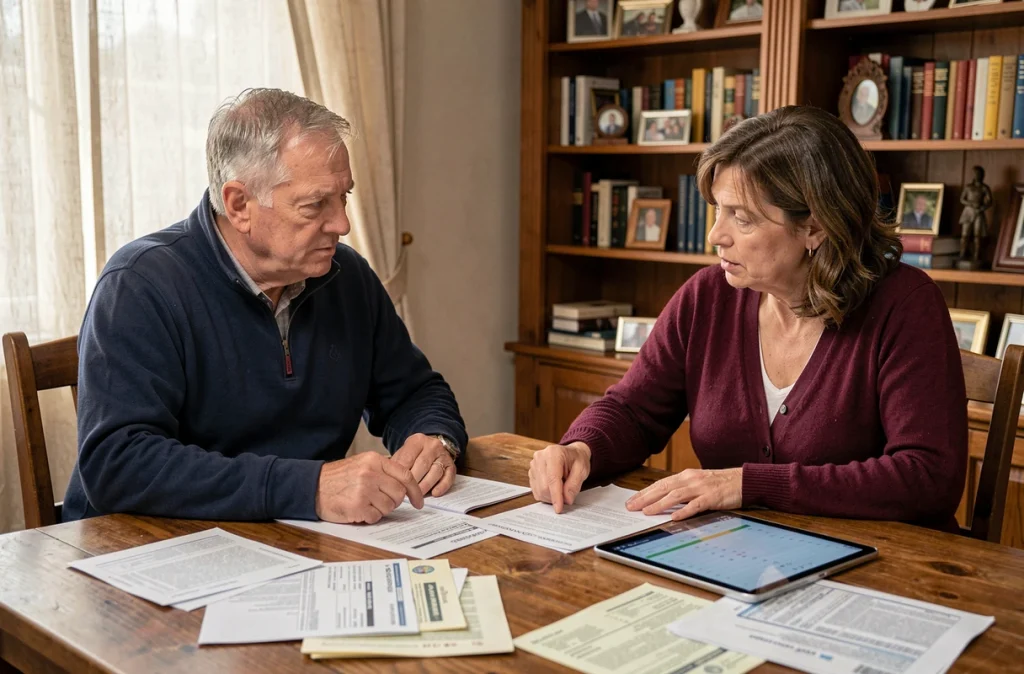 Couple de quinquagénaires assis à la table de salle à manger, examinant ensemble des relevés bancaires et factures sur tablette, illustrant la gestion commune des frais bancaires en famille