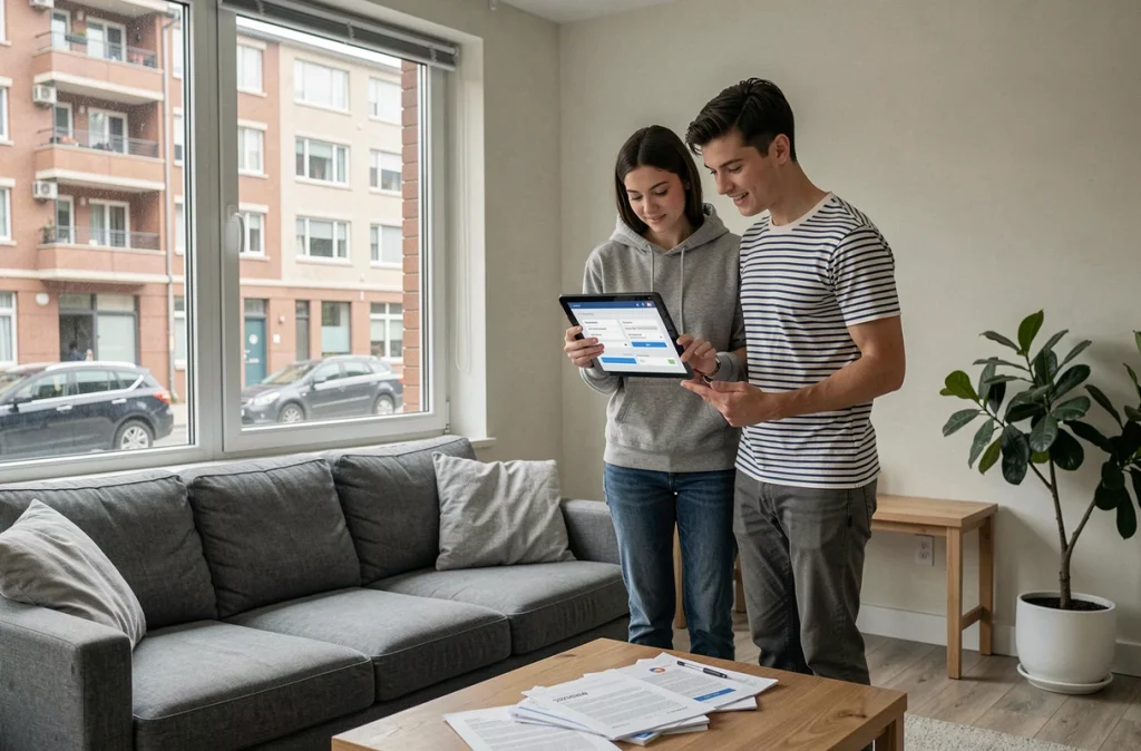 Couple de locataires comparant des offres d'assurance habitation sur une tablette dans leur salon