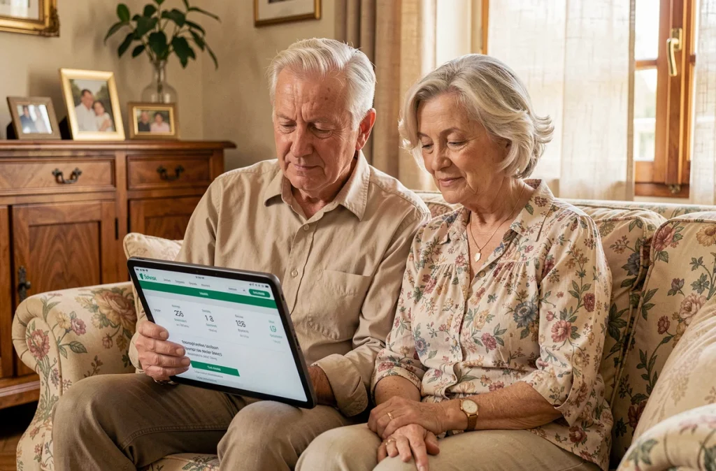 Un couple de retraités français consulte le solde de leur livret A sur une tablette dans leur salon