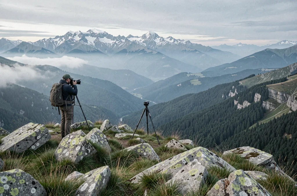 Photographe auteur en Haute-Corse sur un plateau montagnard, vue panoramique sur les vallées boisées et le Monte Cinto enneigé