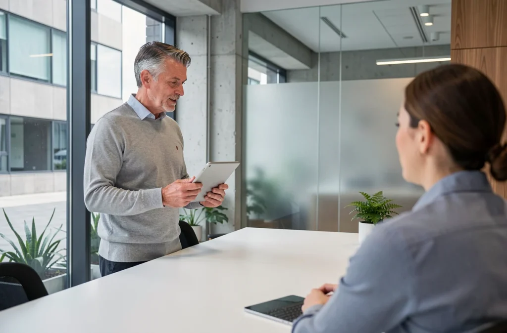 Homme discutant de produits d'épargne solidaire avec un conseiller financier dans une agence bancaire moderne, représentant la montée en popularité de la finance éthique