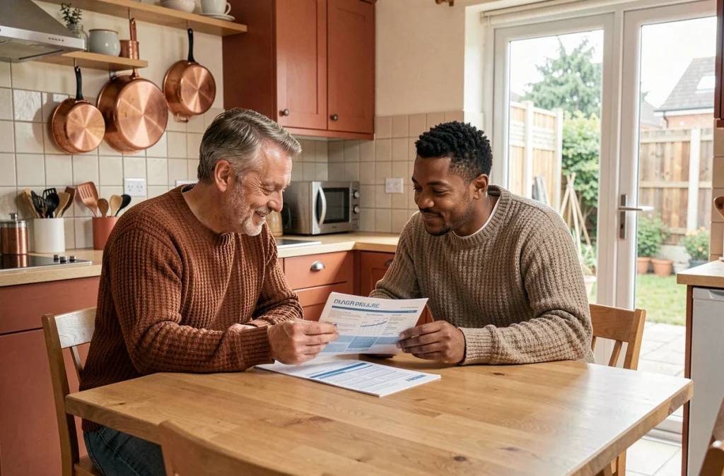 Couple étudiant un document sur l'épargne solidaire dans une cuisine familiale, symbolisant la démocratisation de l'investissement éthique chez les particuliers