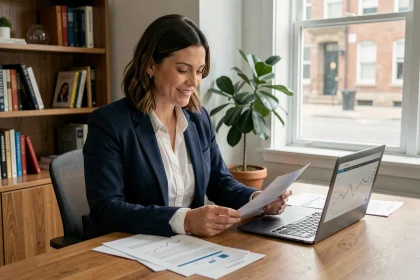 Femme consultant des documents d'épargne solidaire à son bureau à domicile, illustrant l'intérêt croissant des particuliers pour l'investissement responsable