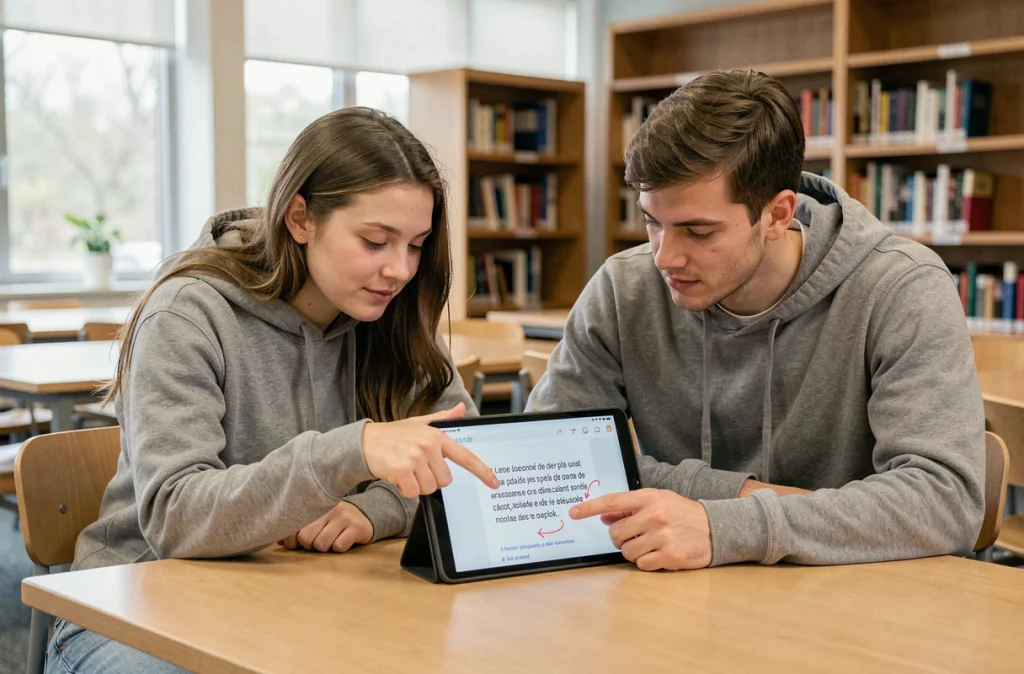 Deux étudiants comparant des logiciels de correction orthographique et grammaticale en bibliothèque universitaire