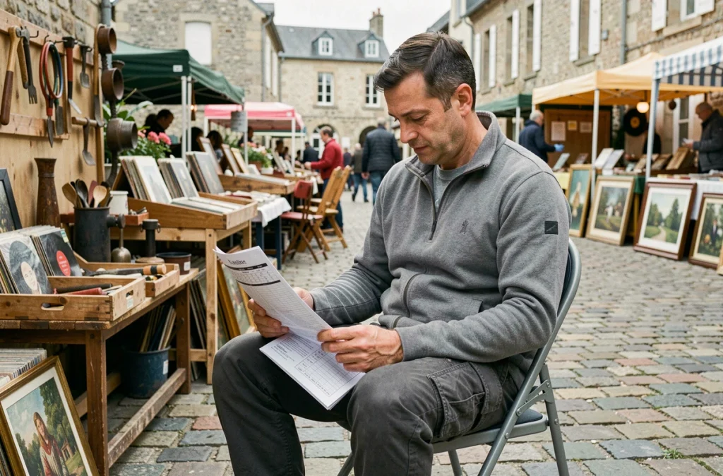 Exposant de brocante en Yvelines consultant l'agenda des marchés sur une place de village pavée