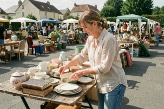 Exposante arrangeant des objets vintage sur une table de vide grenier en Yvelines lors d'un beau dimanche matin