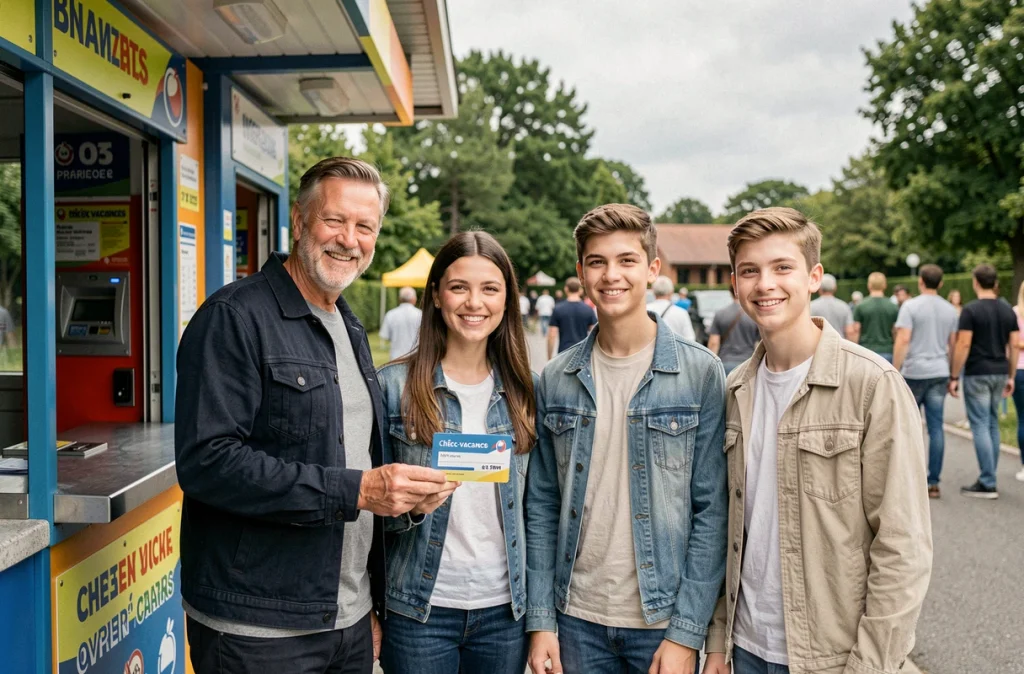 Une famille utilise des chèques-vacances pour régler l'entrée d'un parc de loisirs en été