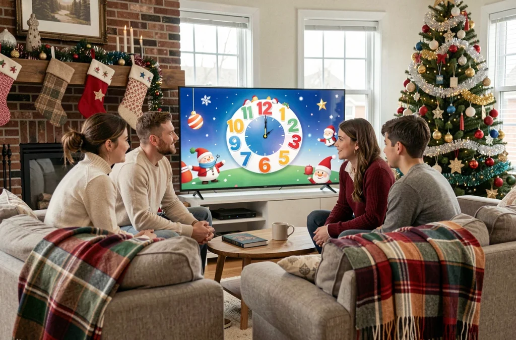 Famille réunie autour d'un grand écran affichant un minuteur de décompte Noël 2026 animé dans un salon décoré pour les fêtes
