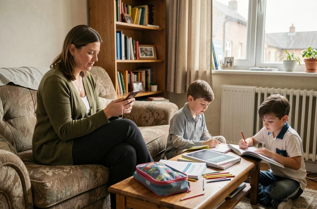 Mère seule utilisant une application de budget sur smartphone dans un salon familial modeste avec ses enfants