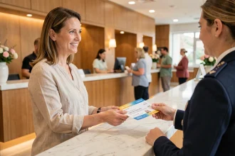 Une femme remet un chèque-vacances à la réception d'un hôtel lors de son séjour touristique