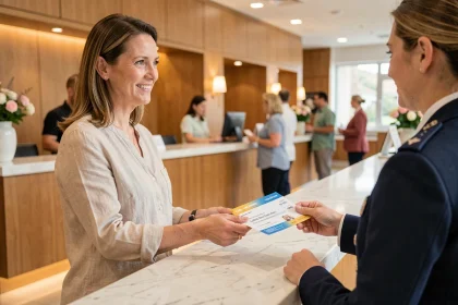 Une femme remet un chèque-vacances à la réception d'un hôtel lors de son séjour touristique
