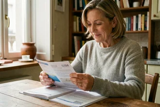 Une femme d'une cinquantaine d'années consulte son livret A et des documents bancaires à une table en bois dans un appartement parisien