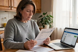 Femme de 40 ans examinant un relevé bancaire à sa table de cuisine, avec un ordinateur portable affichant un site bancaire, illustrant la gestion des frais bancaires au quotidien