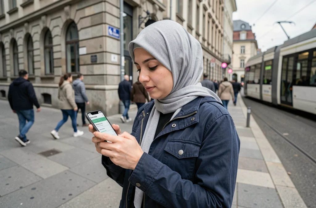 Femme consultant l'horaire de prière sur smartphone dans une rue de Grenoble