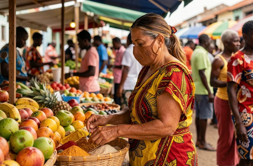Femme mahoraise en tenue traditionnelle shiromani et masque ndzudzu au marché de Mamoudzou à Mayotte