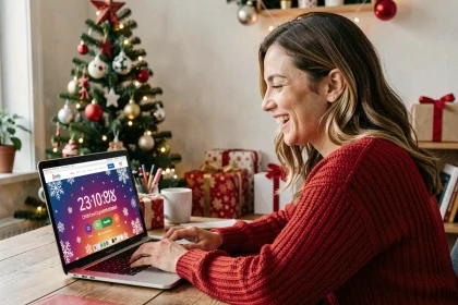 Femme souriante devant un minuteur de décompte Noël 2026 affiché sur un ordinateur portable, dans un bureau décoré pour les fêtes