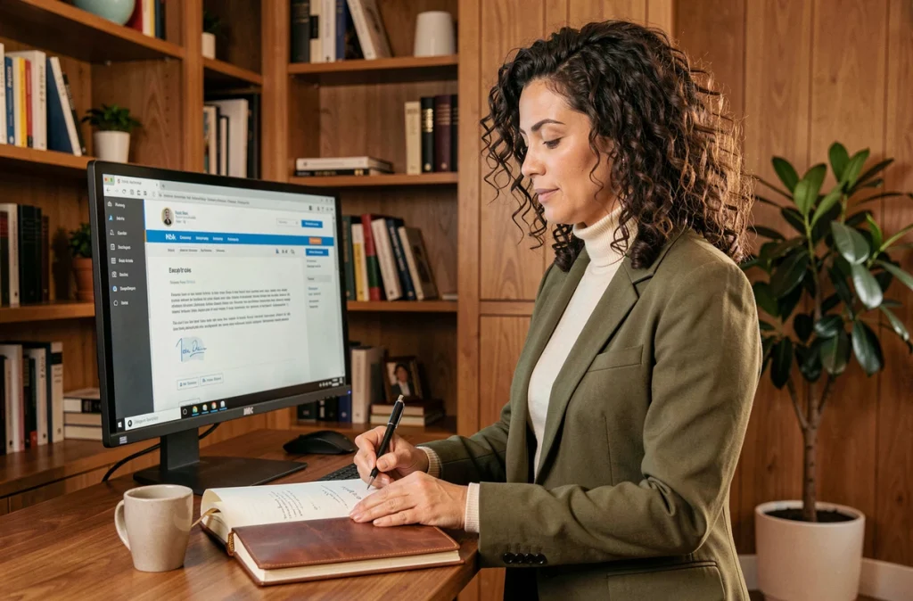 Femme professionnelle prenant des notes sur une correspondance formelle dans un bureau à domicile élégant