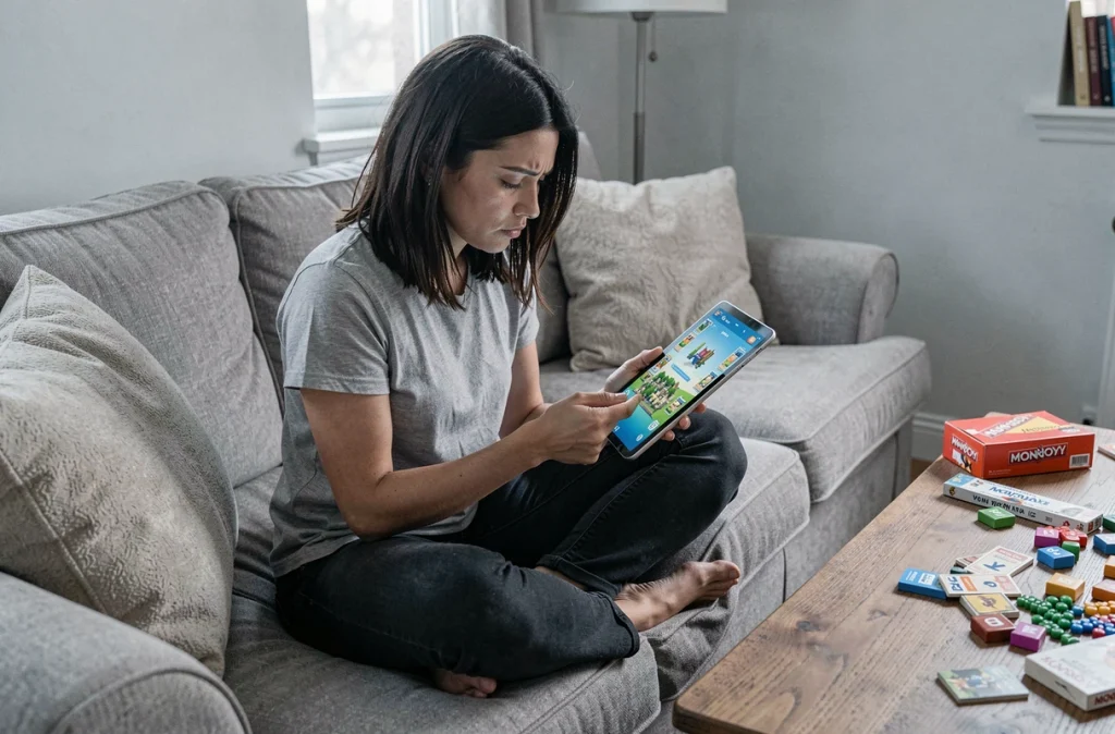Femme consultant une application de jeu mobile Monopoly GO sur tablette dans un salon