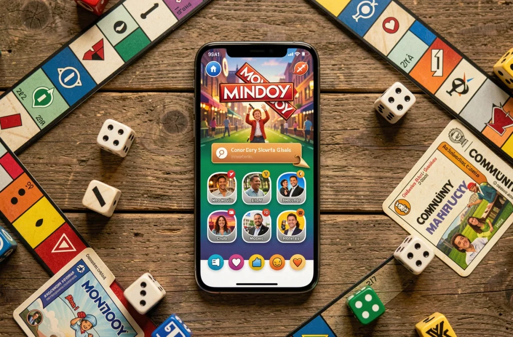 Smartphone affichant Monopoly GO entouré de pièces de jeu de société sur une table en bois