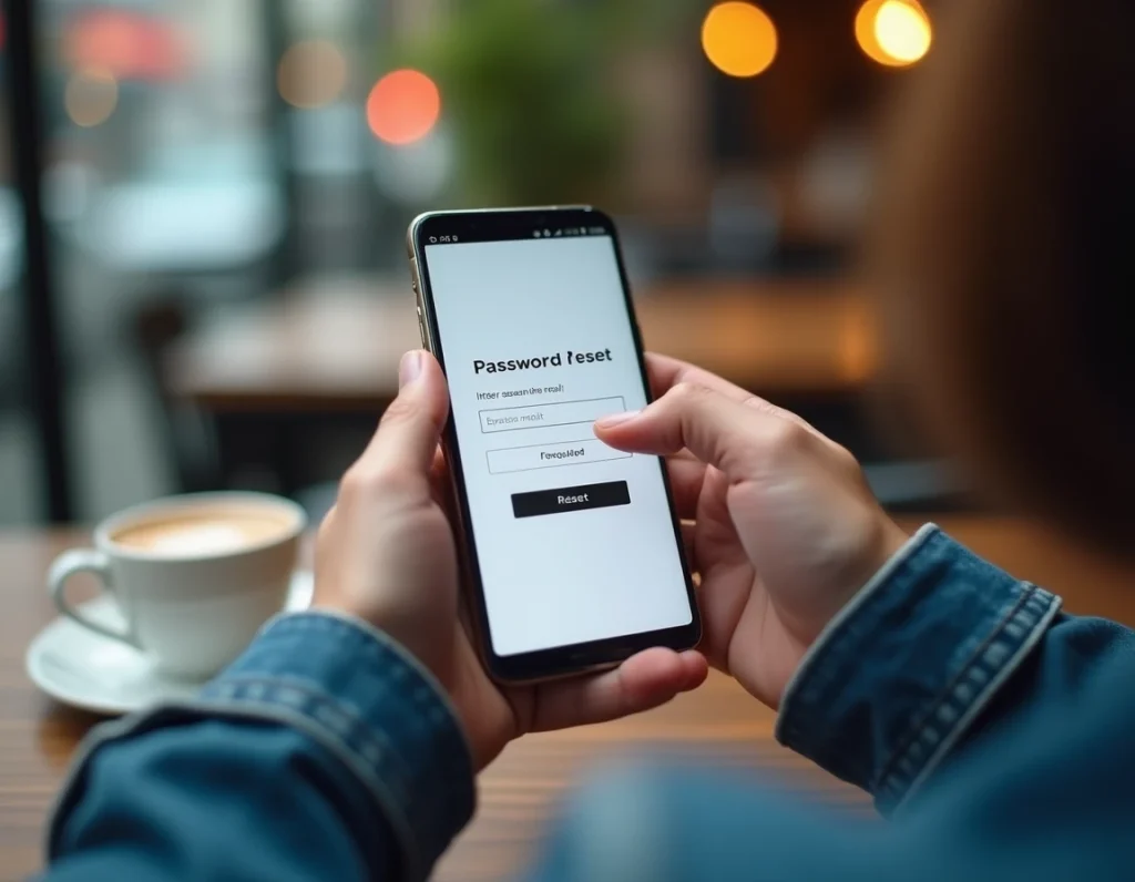 Gros plan sur un smartphone affichant un formulaire de réinitialisation de mot de passe pour un compte en ligne