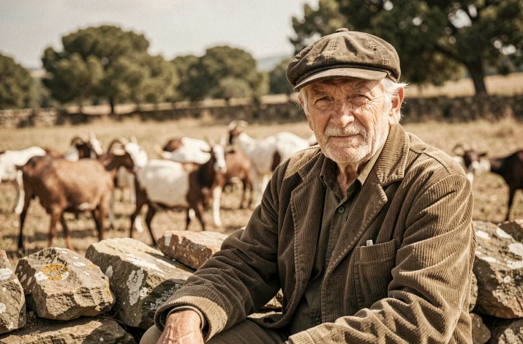 Portrait d'un berger corse âgé devant un troupeau de chèvres, image documentaire évoquant 50 ans de photographie en Corse