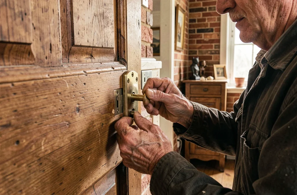 Artisan serrurier de Gadenne installant une serrure à mortaise traditionnelle dans une maison ancienne de Roubaix