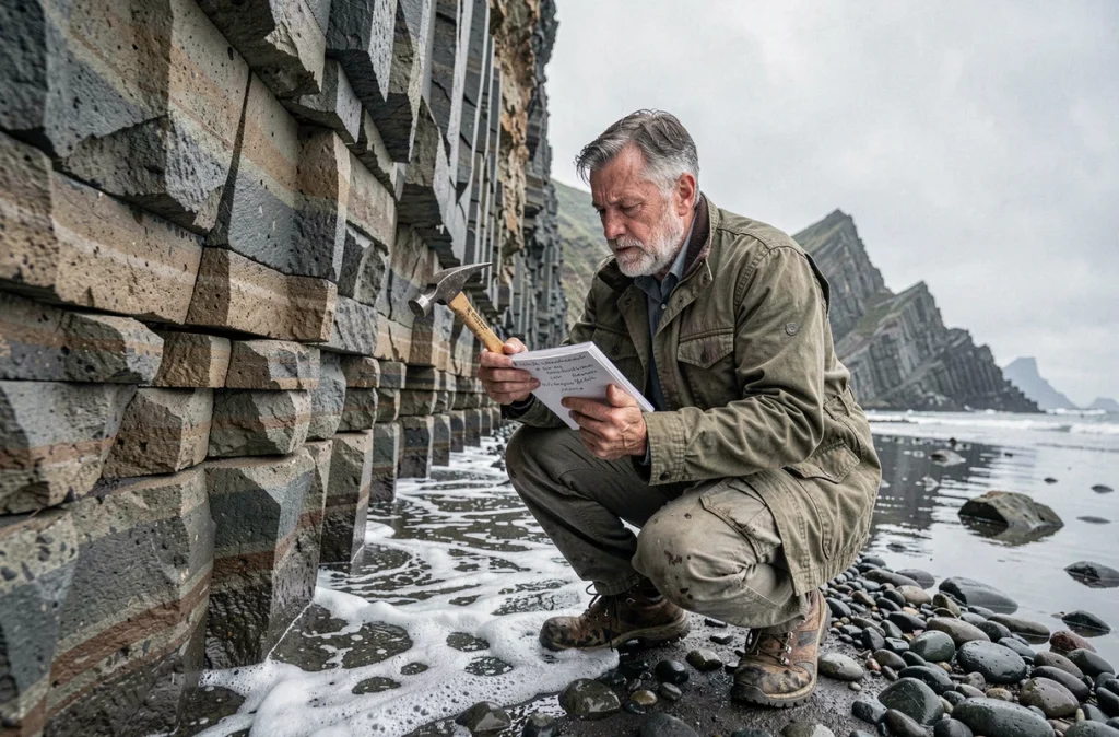 Un géologue examine des strates sédimentaires laissées par un ancien méga-tsunami sur une falaise côtière rocheuse