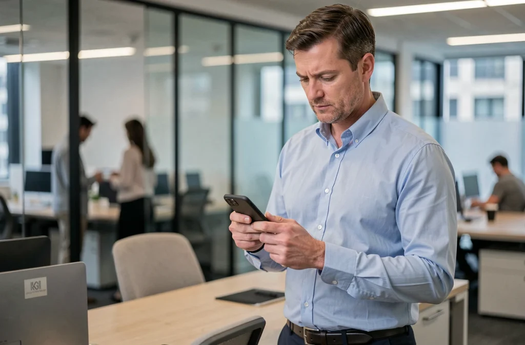 Homme en tenue professionnelle consultant une application bancaire sur smartphone dans un bureau moderne, représentant la gestion des frais bancaires en milieu professionnel
