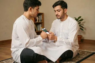 Homme consultant les horaires de prière sur une application mobile dans son appartement à Grenoble