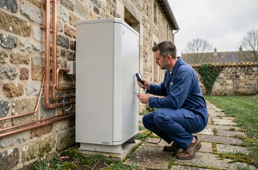 Technicien installant une pompe à chaleur sur la façade en pierre d'une maison rurale française dans le cadre d'une rénovation énergétique