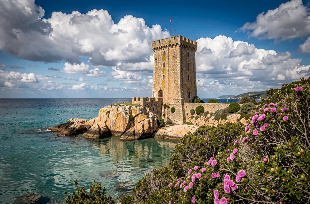 Tour génoise sur un promontoire rocheux corse avec vue panoramique sur la mer turquoise, photographie de paysage et patrimoine